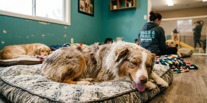 A calm relaxed dog after a fulfilling day at daycare