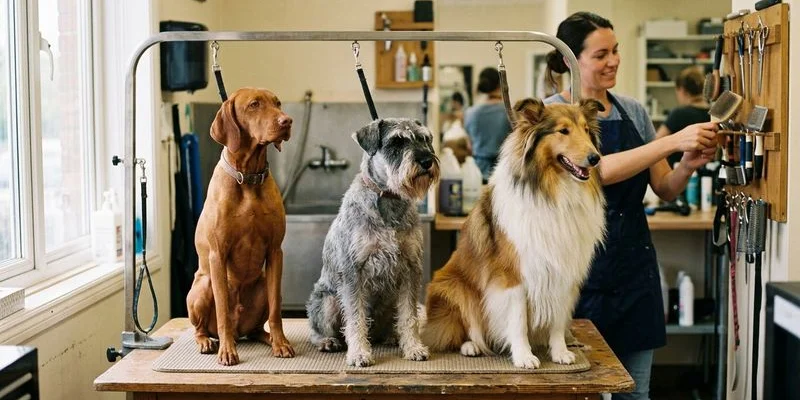 Different dog breeds showing variety of coat types requiring different grooming schedules