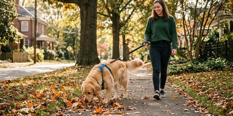 Dog enjoying a midday walk through a tree-lined Durham neighborhood