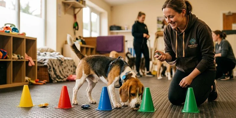 Dog using nose to search for hidden treats during scent work game