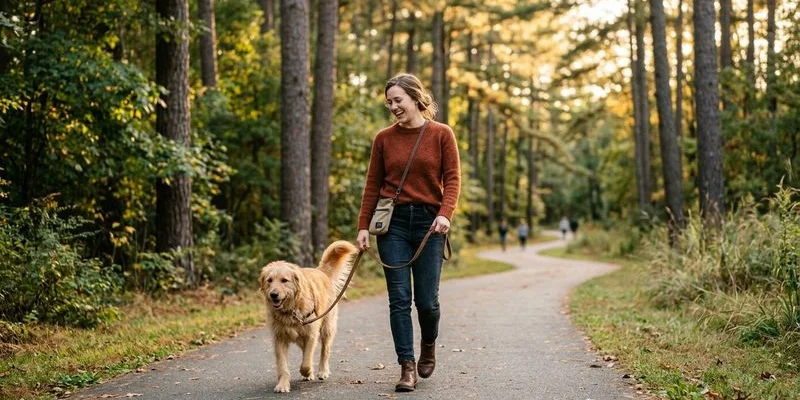 Dog and owner enjoying relaxed walk together through Durham park