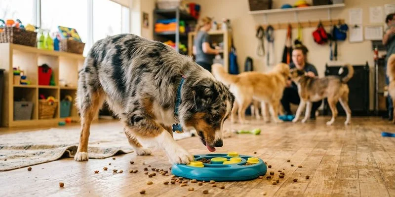 Dog working on a puzzle feeder toy for mental stimulation