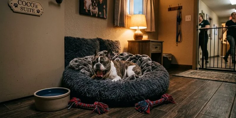 A dog relaxing in a comfortable private boarding suite