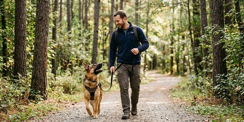 Dog walker with leashed dog on a Durham greenway trail