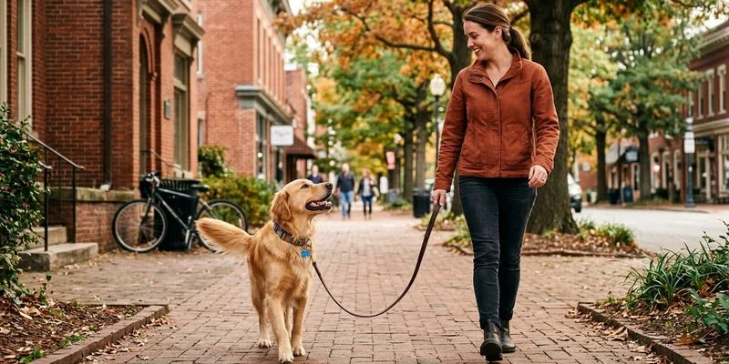 Dog walking calmly on loose leash beside owner on Durham sidewalk
