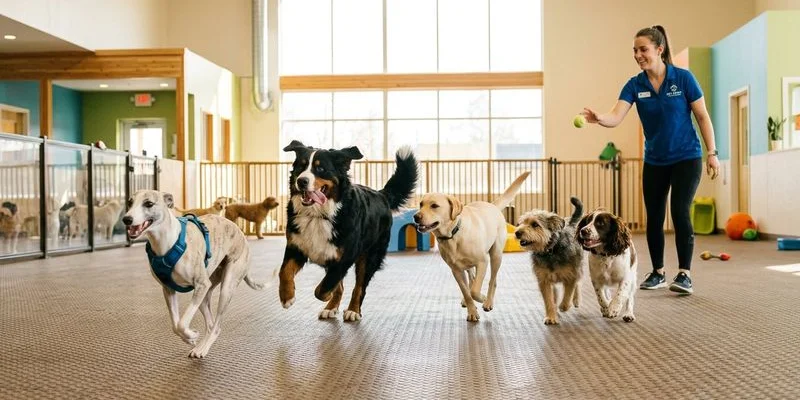 Dogs enjoying daycare play during boarding stay