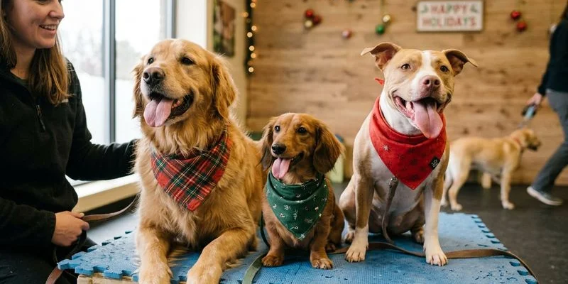 Dogs wearing festive bandanas during a holiday boarding stay
