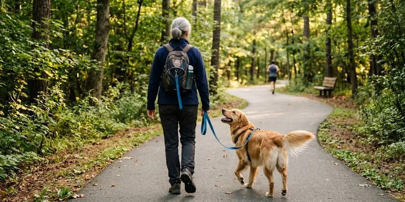 Dog walker with happy dog in Durham