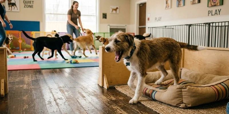 Happy balanced dog enjoying both play and rest at quality daycare