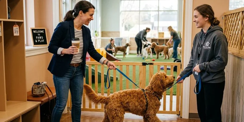 Happy dog owner dropping off their dog at daycare in the morning