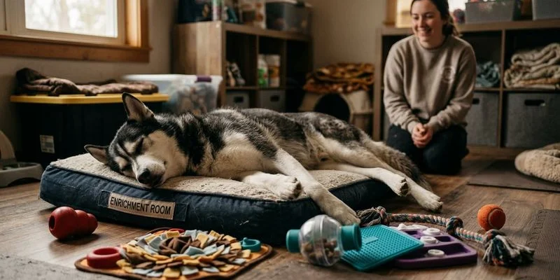 Happy tired dog resting after enrichment activities