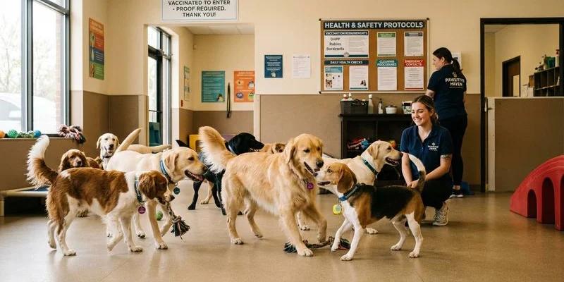 Healthy happy dogs playing together safely at a daycare facility with vaccination protocols