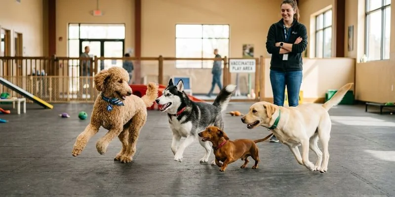 Healthy vaccinated dogs playing safely together at boarding facility