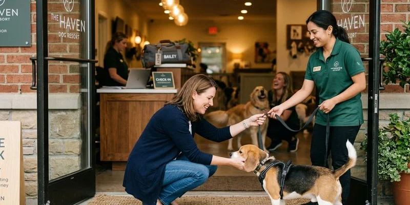 A pet owner calmly dropping off their dog for a holiday boarding stay