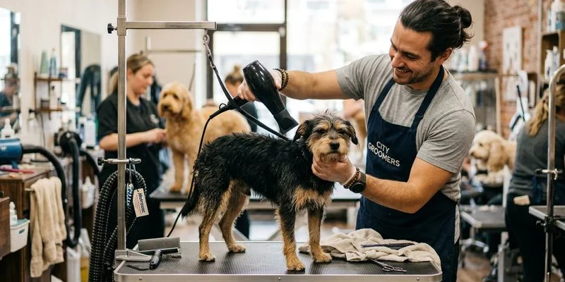 Professional groomer using calm handling techniques with a nervous dog