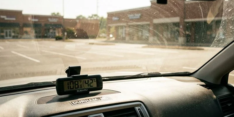 Thermometer showing dangerous temperature inside a parked car on a hot summer day