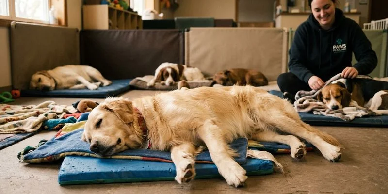 A tired happy dog resting after a full day at daycare