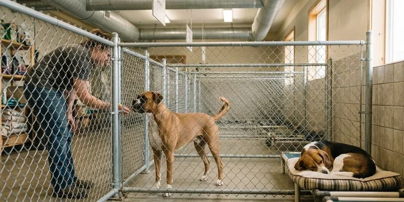 A traditional dog boarding kennel with individual runs