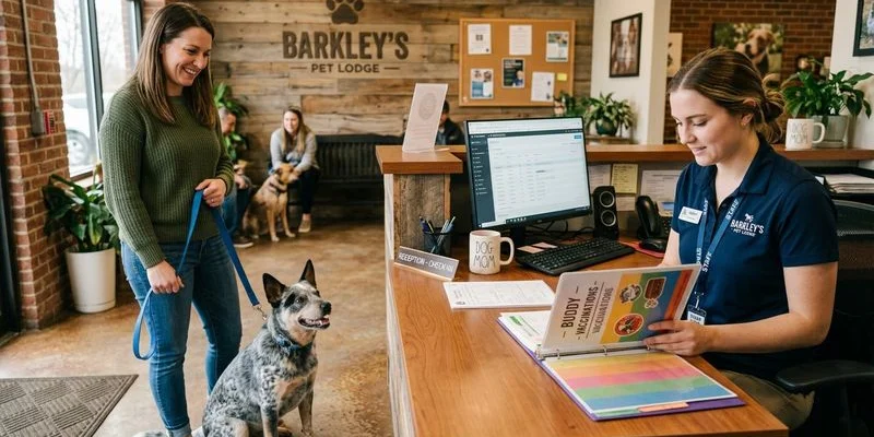 A veterinarian checking a dog's vaccination records before boarding