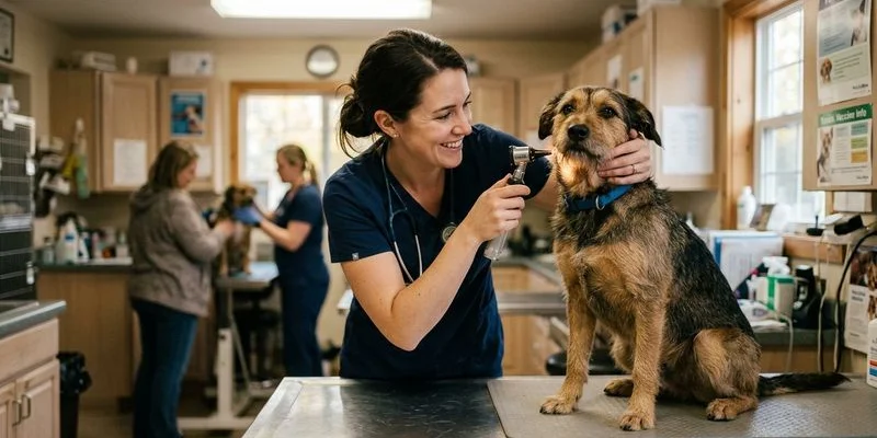 Veterinarian examining a dog with respiratory symptoms for kennel cough diagnosis