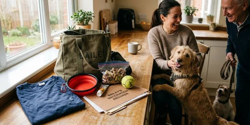 A well-packed bag of dog supplies ready for boarding