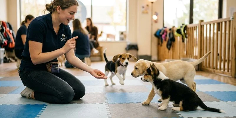 Puppies socializing in supervised group